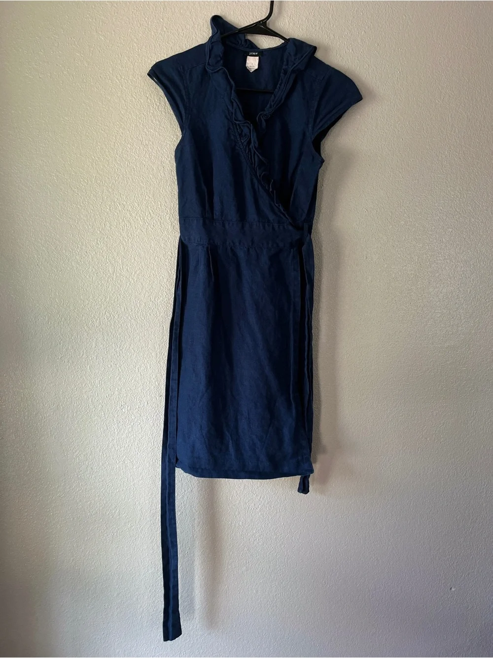 J. Crew 100% linen Navy Ruffle-Trim Wrap Dress